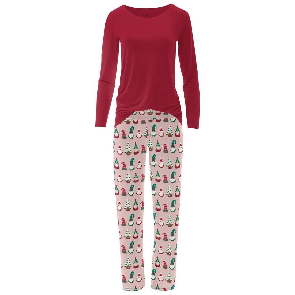 NEW KICKEE women's long sleeve tee & pajama pants set in baby rose gnomes